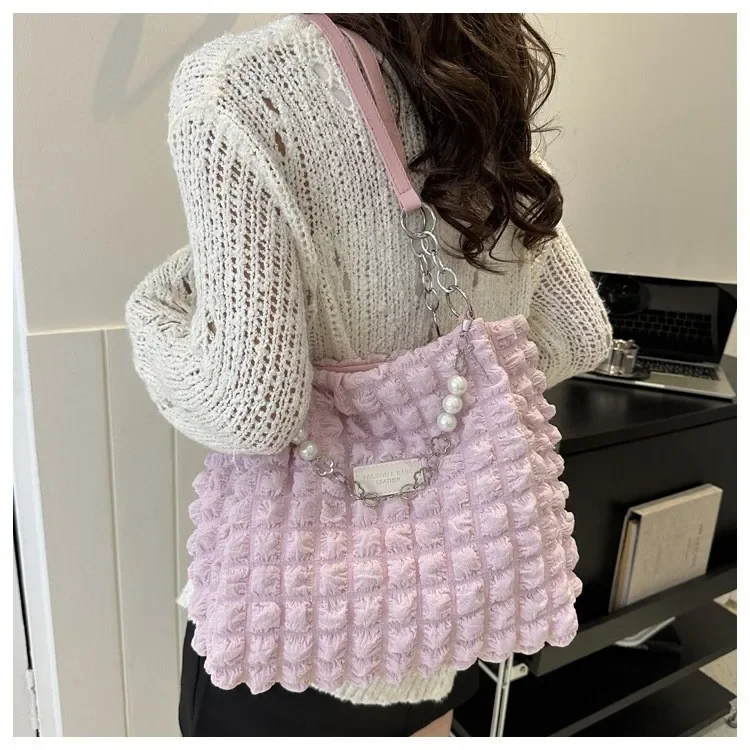 Damen Gesteppte Karierte Wolken-Baumwolltasche, Plissierte Unterarm-Hobo-Shopper-Umhängetasche für den Täglichen Gebrauch – Detail 11