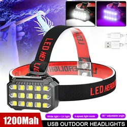 Super Power LED Headlight White+UV USB Rechargeable Headlamp Waterproof Outdoor Camping Hiking Fishing Hunting Head Flashlight