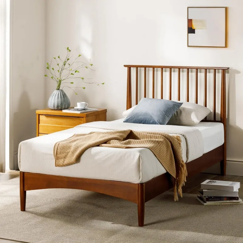 Linda Mid Century Wood Platform Bed Frame Solid Wood Foundation Wood Slat Support No Box Spring Needed Easy Assembly Twin