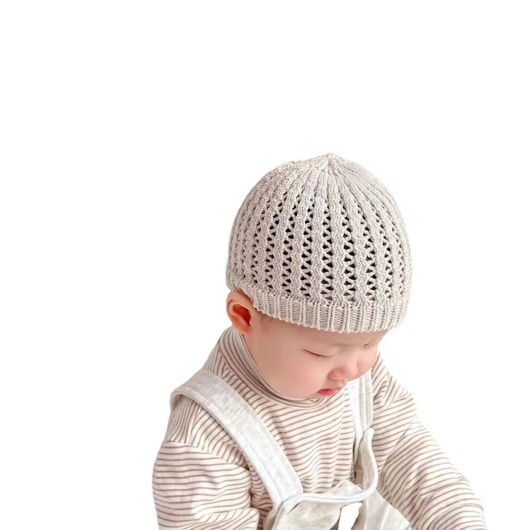 2024 Summer New Baby Hollow Knit Hats Solid Color Baby Hats Thin Cotton Newborn Babies Knitted Hat Breathable Infant Cap