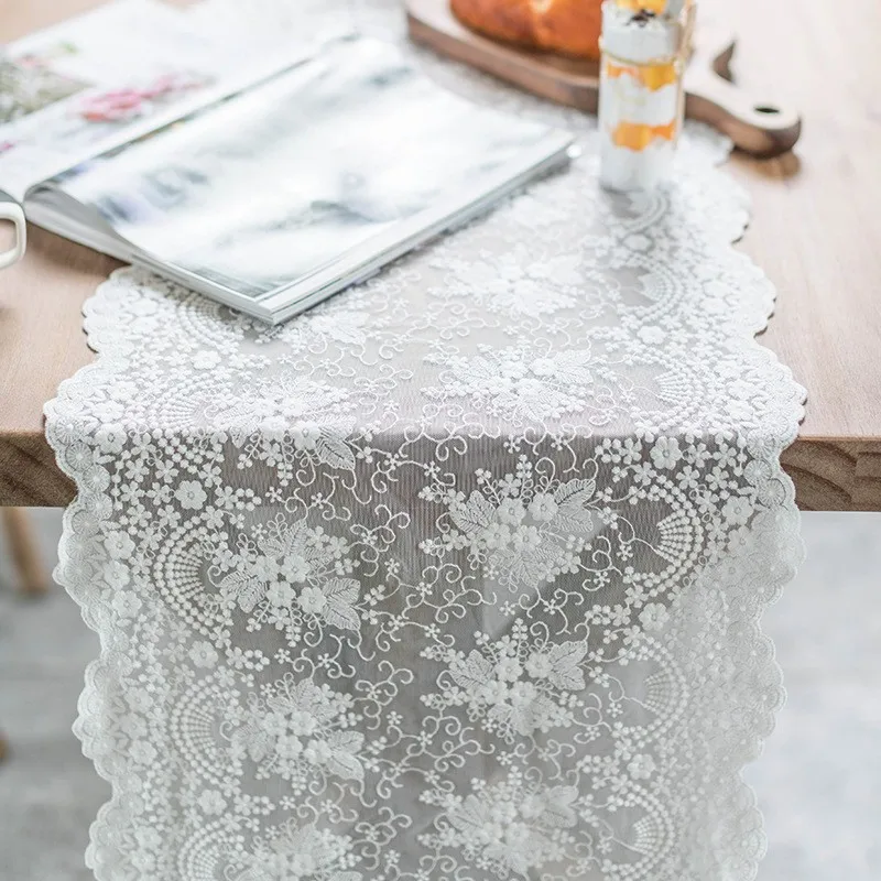 White Lace Table Runner Floral Embroidered Tables Lace Doilies Dressers End Tables for Wedding Decorations Tea Party Baby Shower