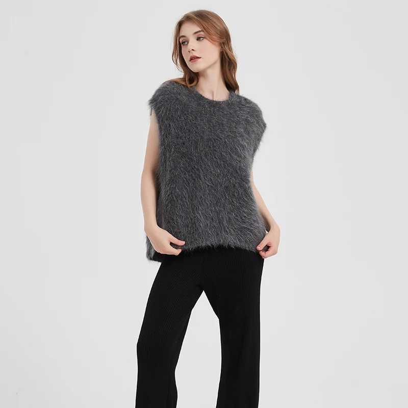 BAHTLEE-Women's Alpaca Wool Sleeveless Sweater Vest O-Neck Knitted Loose Superfine