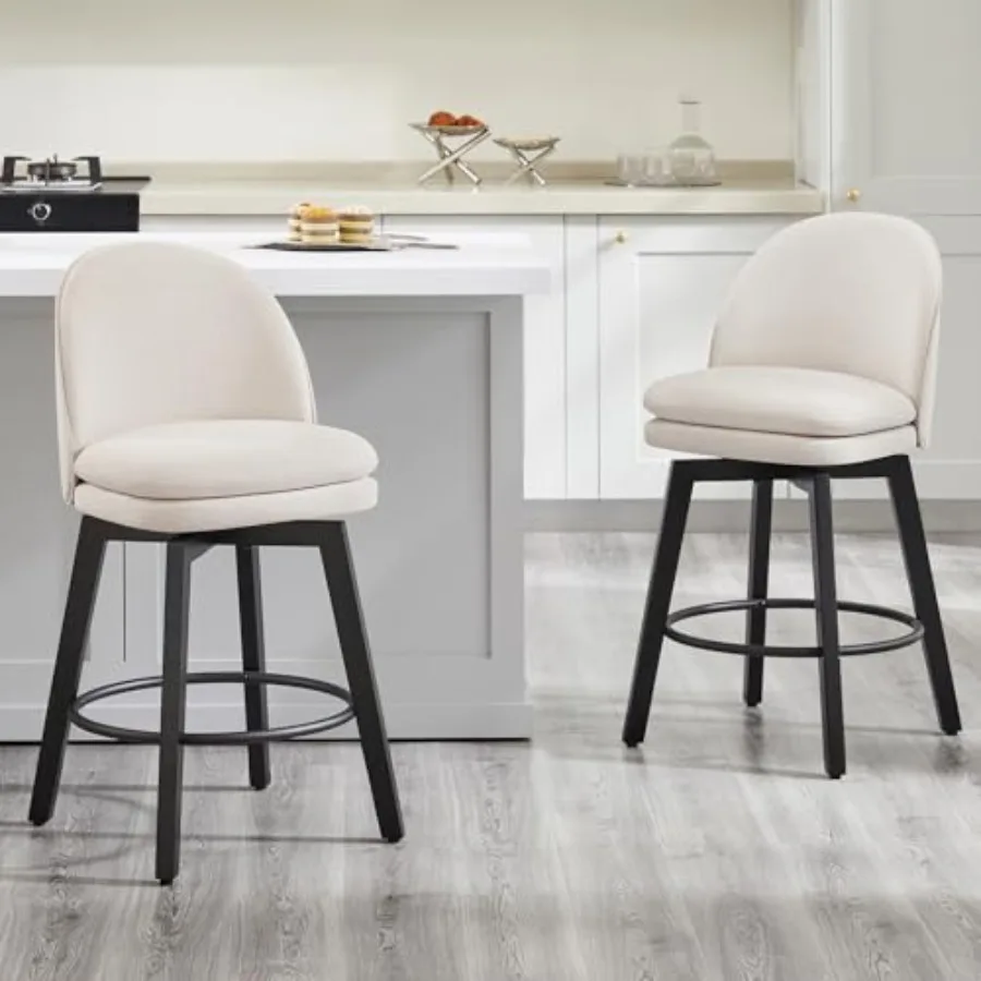 

Барные стулья высотой 26 дюймов, с мягкой обивкой, поворотные, со спинкой и деревянными ножками, для кухонного острова, комплект из 2 штук, бежевая ткань.