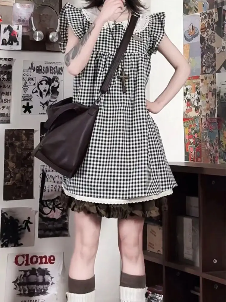 

Japanese Retro Literary Style Doll Collar Small Fling Sleeves Dresses Women's Summer Contrast Plaid Spliced Casual Short Dress