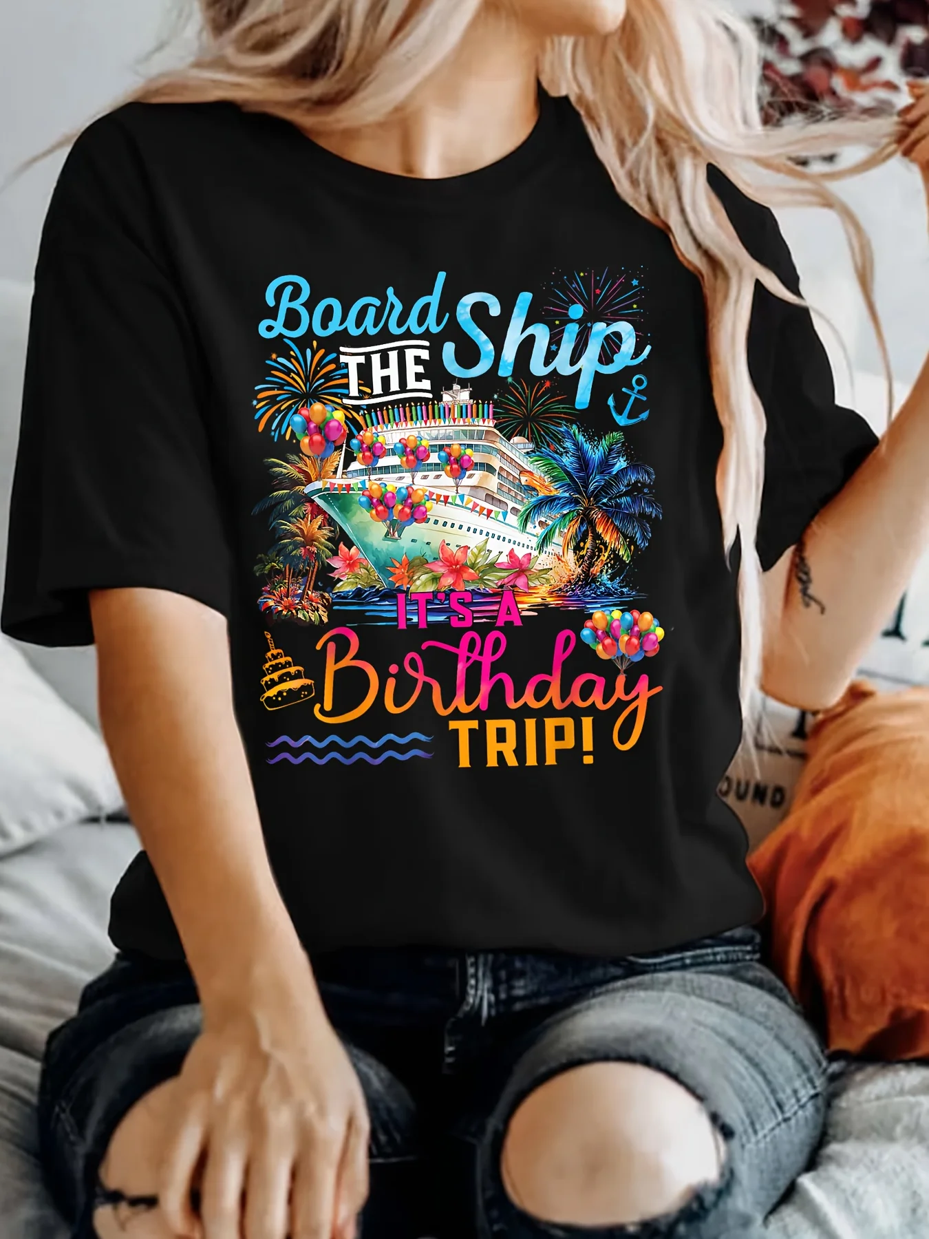 

Ship & Birthday Trip Letter Print T-shirt, Casual Crew Neck Short Sleeve Top For Spring & Summer, Women's Clothing