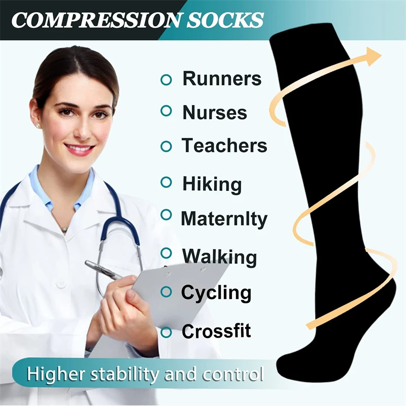 8 Pairs Compression Socks Women Men Knee High 20-30 MmHg Edema Diabetes Varicose Veins Running Travel Sport Stocking Plus Size