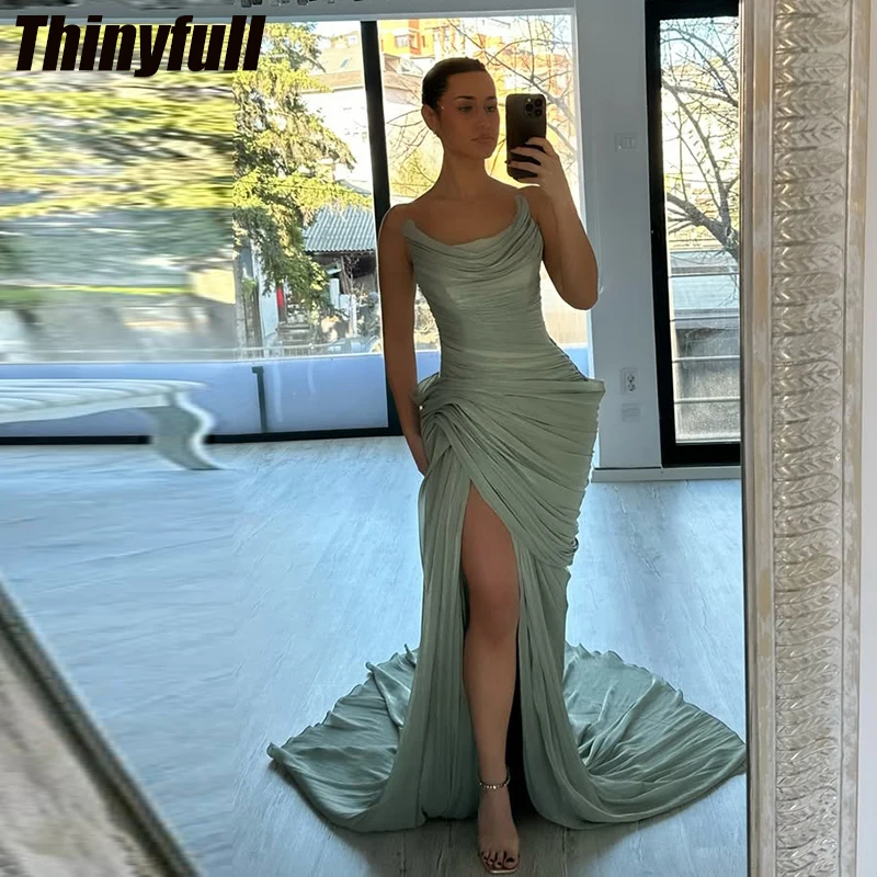 

Блестящие атласные арабские вечерние платья Thinyfull Mermaid без бретелек и рукавов, с разрезом, в стиле Дубай, на заказ