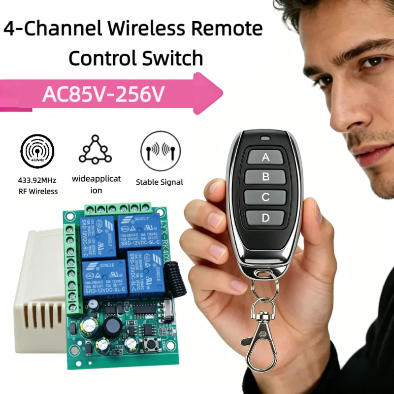 Smart Multiple AC85V 256V 10A 433 MHz 4CH Wireless Relay RF Remote Control Switch Receiver+ 4 Button Transmitter