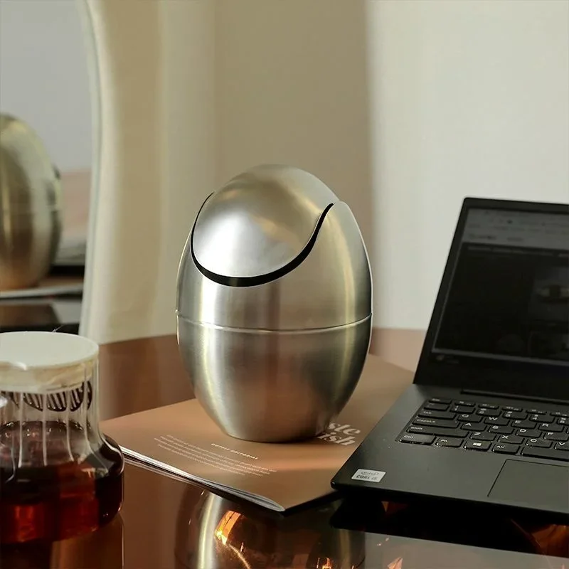 Stainless Steel Trash Can With Lid Luxury Modern Small Waste Bin For Living Room Bedroom Office Bedside Desktop Dustbin Home