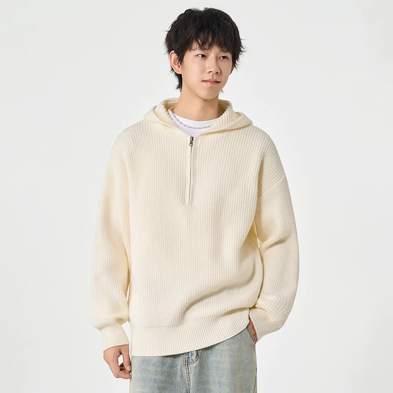 

Мужской уличный высококачественный спортивный теплый вязаный свитер для отдыха, удобный универсальный ветрозащитный и дышащий пуловер с капюшоном