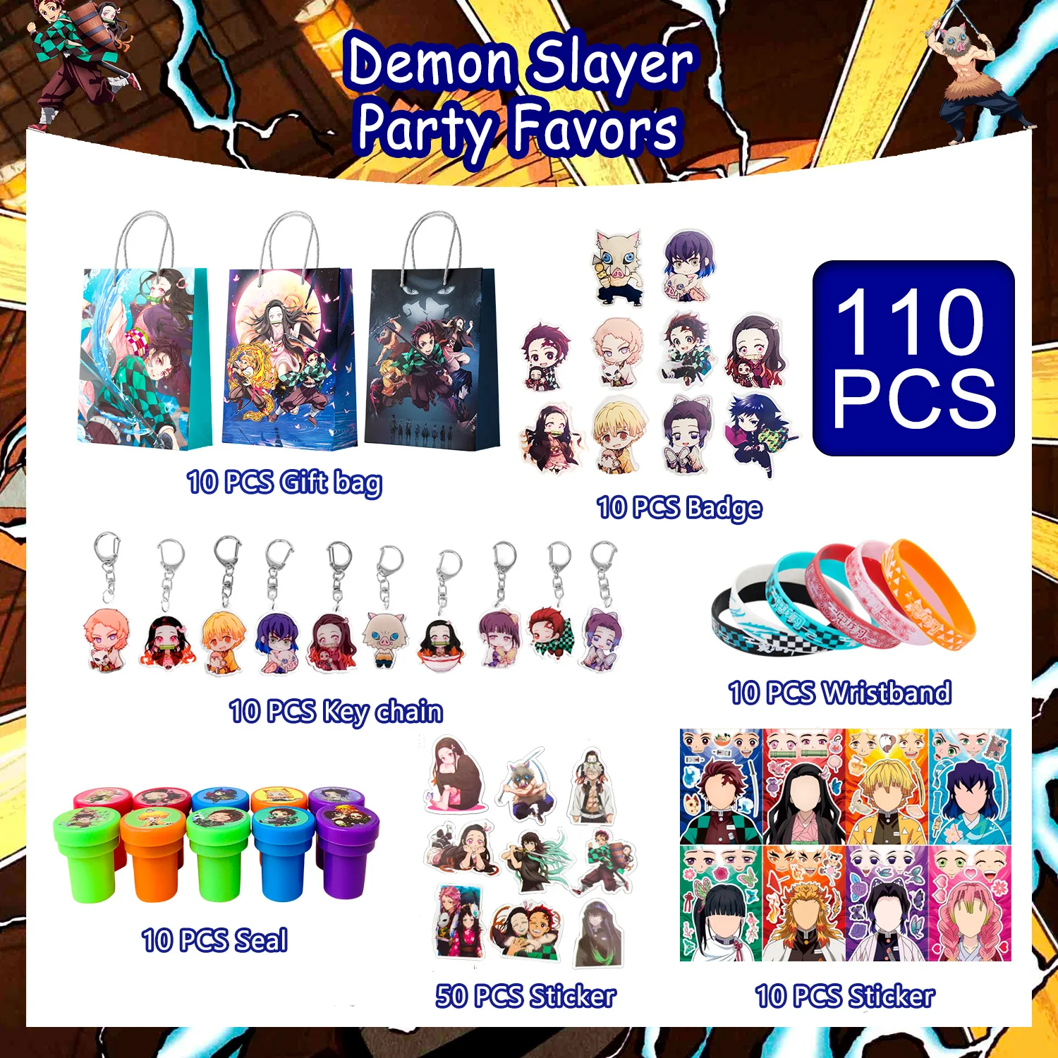 Anime Demon Slayer Party Favors,110pcs Demon Slayer Theme Favors Set-Demon Slayer Goodie Bags Stickers Wrisband Seal Badge etc