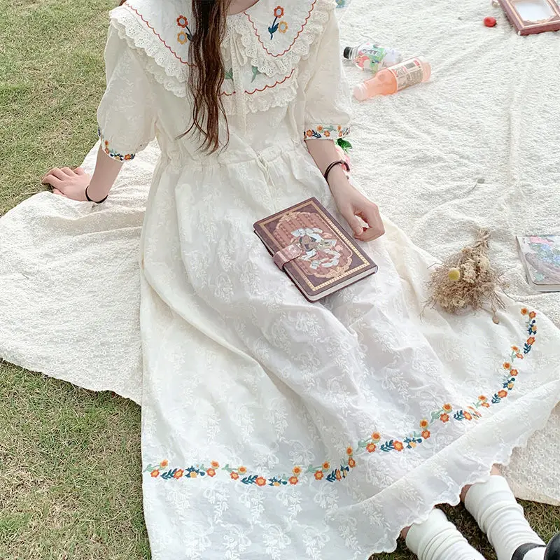 

Summer New Sweet Embroidered A Line Dress for Women Fashion Mori Sweet Girl Doll Collar Short Sleeve Dress Lolita Fairy Dress