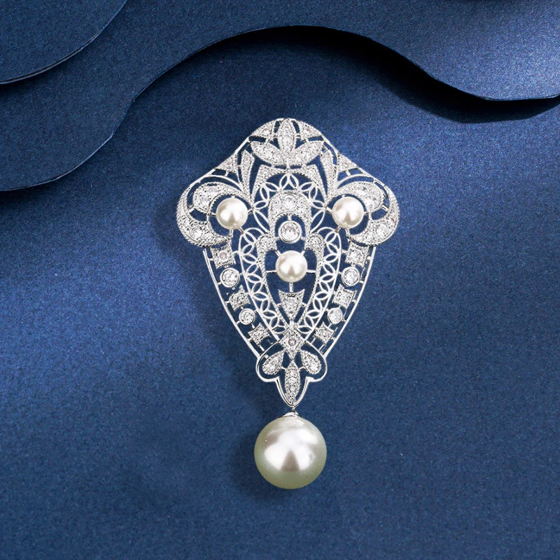 OKILY Palace Elegance Zircon Brooch Pins Temperament Natural Freshwater Pearl Pendant Geometry Woman Brooche Jewelry Accessori