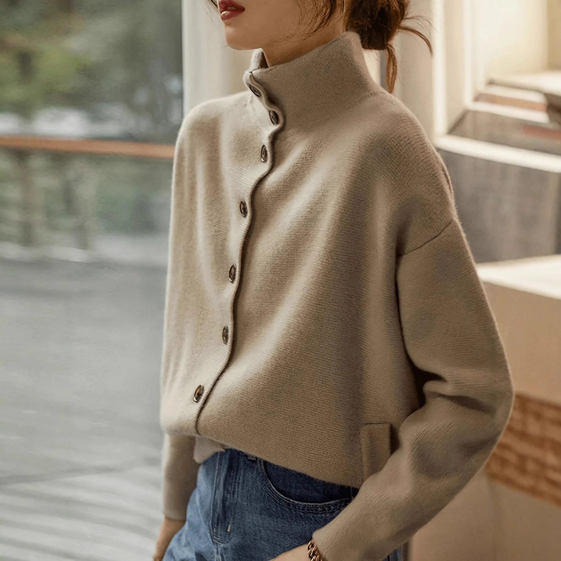 Women's Clothing Versatile Solid Color Casual Single-breasted Stand-up Collar Long-sleeved Knitted Cardigan