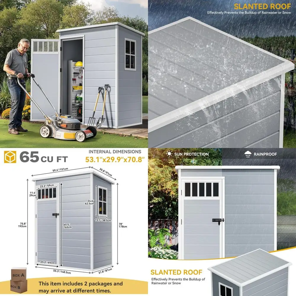 

Устойчивый к атмосферным воздействиям пластиковый навес с окнами, наклонной крышей и приподнятым полом для уличных инструментов и садового оборудования