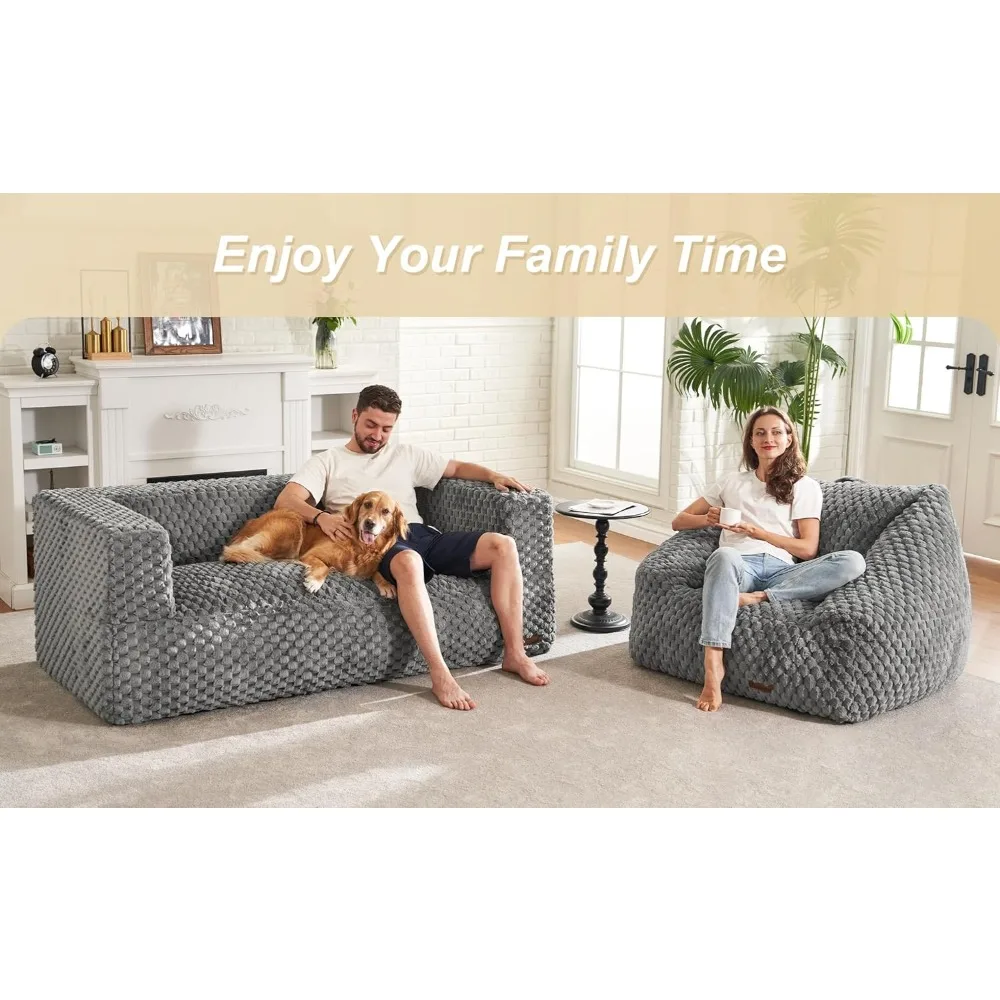 Canapé pouf pour adultes, fauteuil pouf à deux places avec accoudoirs et housse moelleuse, causeuse confortable au sol