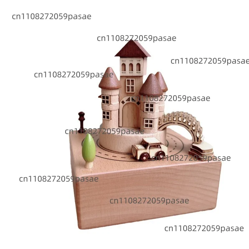 Hand Carved Castle Music Box, Rotating Fairy Tale Wooden Ornament, Collectible Home Decor Gift Adults