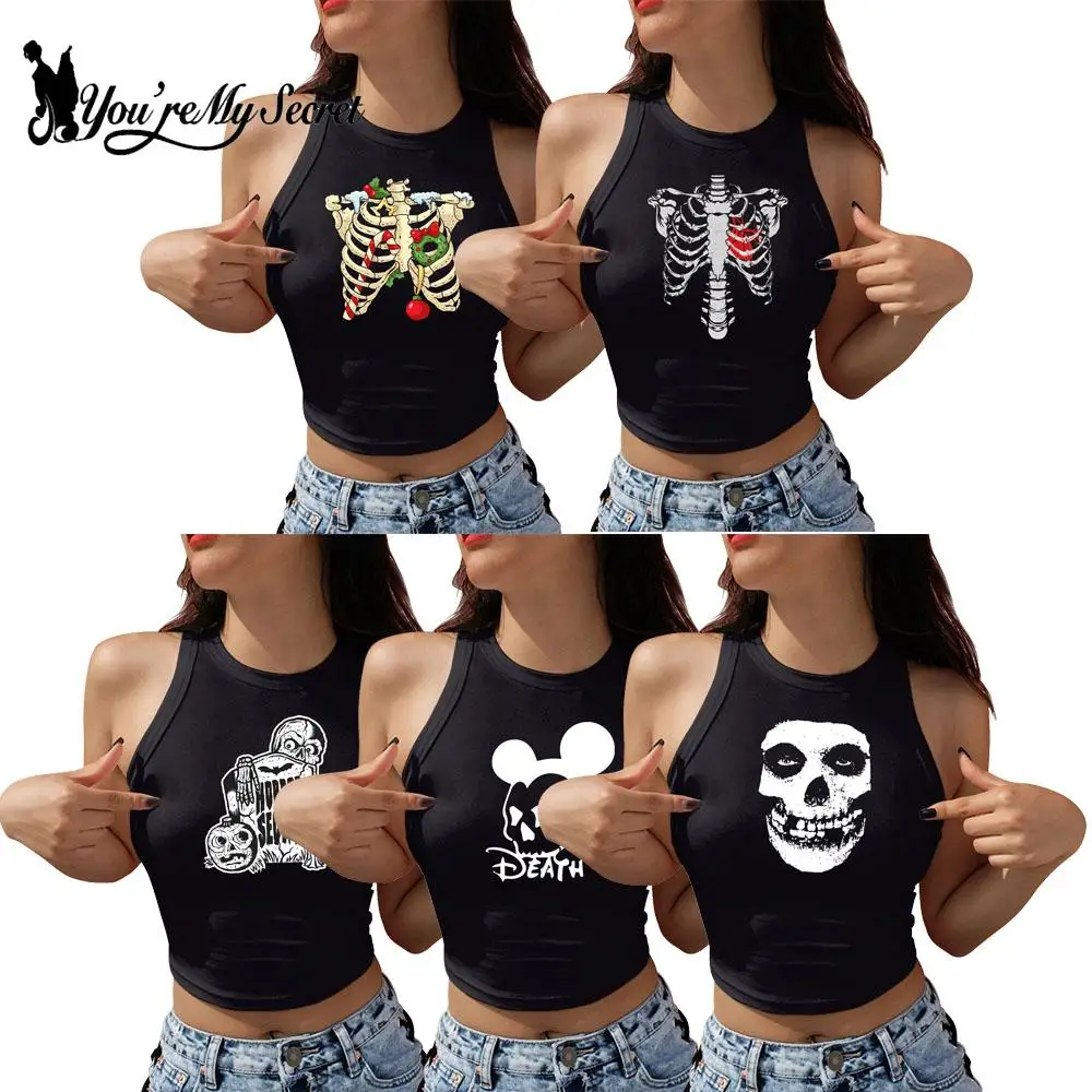 [You're My Secret] Summer Women Crop Top Shirt Goth Sleeveless Tank Streetwear Halloween Skull Print Vest Slim Tee Y2K Clothes