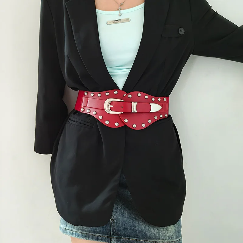 الرجعية السيدات بولي Leather الجلود مشد حزام القوطية نمط مطاطا برشام Cummerbund التعادل حبل فاسق ملحق للنساء قميص حزام ملابس #4