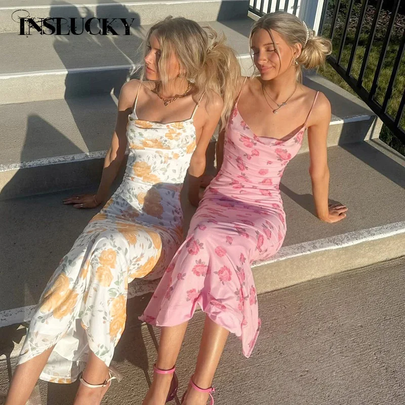 

InsLucky Summer Sexy Mesh Floral Print Slim Dress Women Pile Collar Folds Bodycon Bohemian Dress Office Lady Elegant Partywear