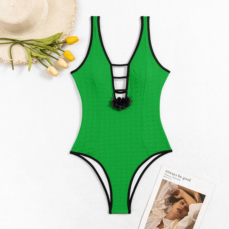 Blumendekoration Bademode Damen Sexy rückenfrei V-Ausschnitt Einteiler Badeanzug Bikinis Modedesign Sinnvolle Bodys Badeanzug