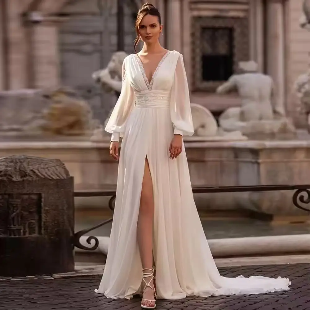 Vintage-Chiffon-Hochzeitskleider mit langen Ärmeln, Boho-Stil, V-Ausschnitt, Perlenstickerei, Brautkleid mit Schlitz, Vestidos de Novia, individuell gestaltet