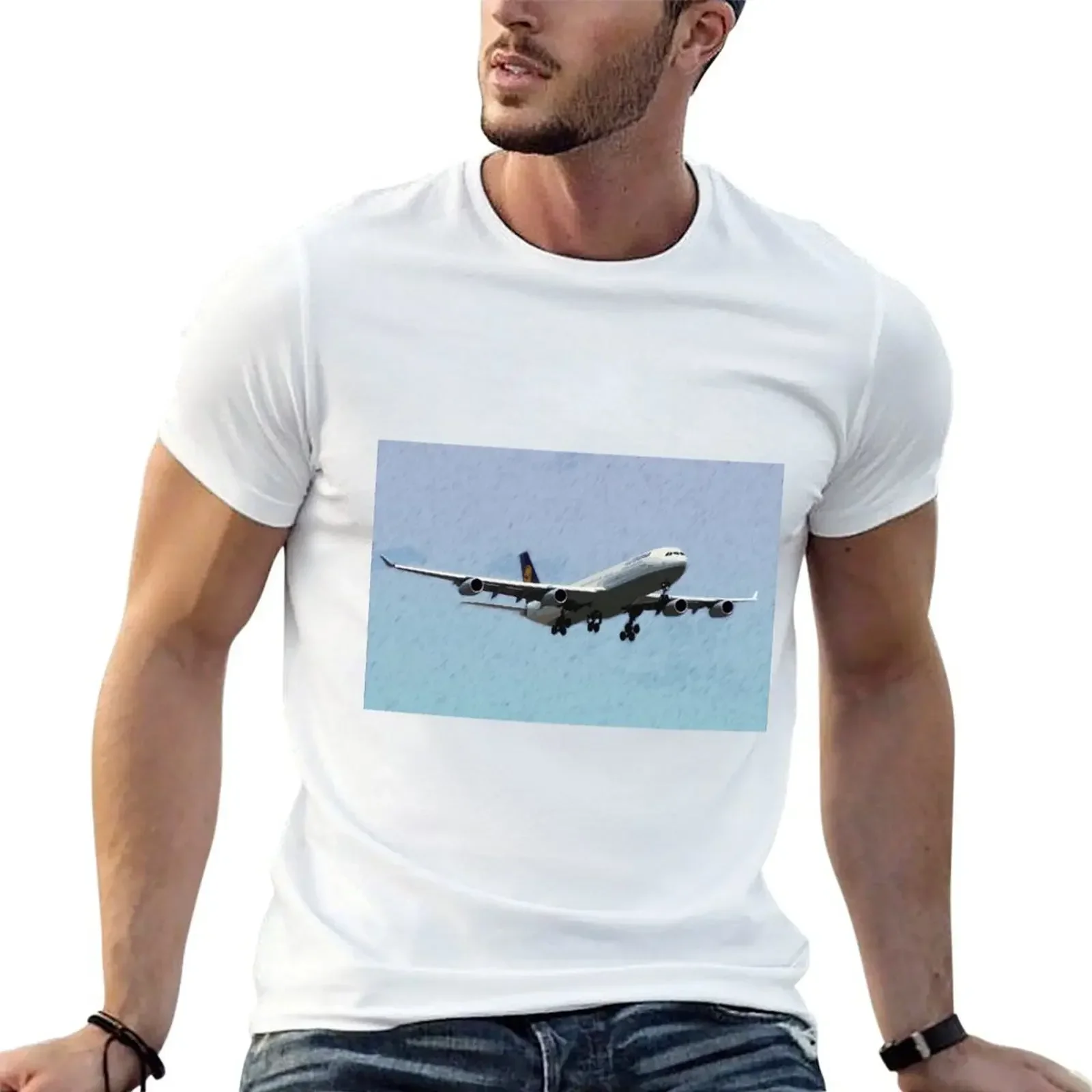 Lufthansa A340-300 landing digital painting T-Shirt man clothes summer clothes mens champion t shirts