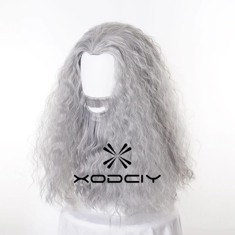 남성용 합성 머리카락 애니메이션 코스프레 가발 남성용 간달프 긴 회색 수염 가발 내열성 파티 할로윈 역할 놀이