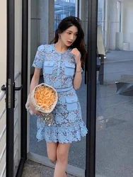 JAMERARY Summer Holiday Party Prom Blue Lace Embroidery Short Dress Women Diamonds Button Mini Vestidos Female Quality