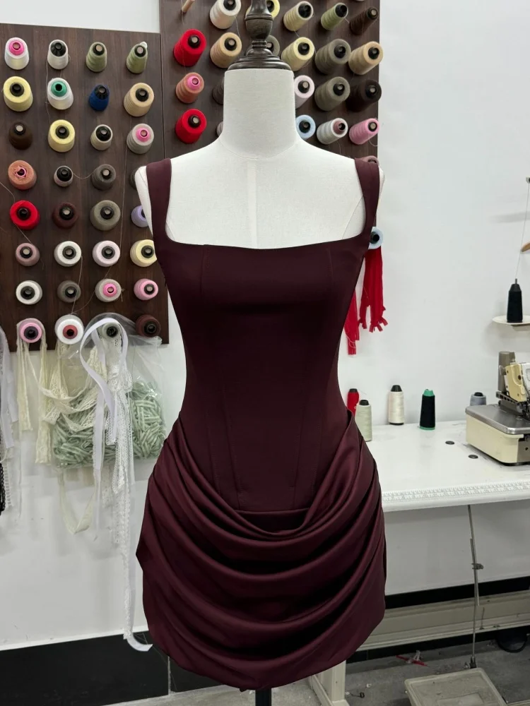 VC Wine Red Bodycon Mini Dress for Women – Square Neck Corset Dress with Draped Waist Slim Fit Party Clubwear Short Dress - Image 5