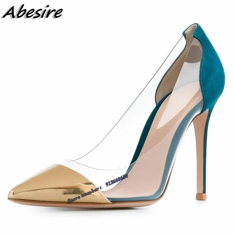 Abesire Pointy Toe Clear PVC High Heel Gold Toe Pumps Mixed Color 12CM 10CM 8CM Stiletto High Heel Pumps Women Wedding Shoes