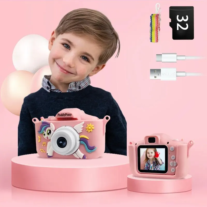 Digital Viedo Kids Camera Christmas Birthday Gift For Girls Boys 3-12 Unicorn Toy For Toddler With 32G Card And Sillicon Cover