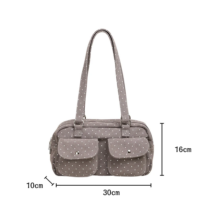 Mehrfach-Taschen-Schultertasche mit Polka Dots, Damen-Canvas-Tragetasche, Koreanische Lässige Süße Niedliche Pendler-Einkaufs-Reisetasche – Detail 1