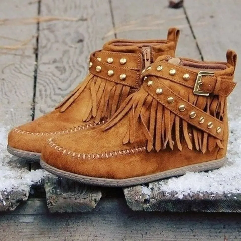 Women's boots 2025 autumn/winter short boots  European and American tassel boots  women's flat bottomed retro knight boots