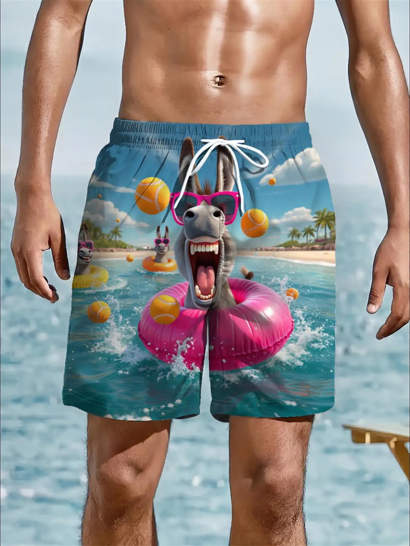 

2026 Men's Tiger Print Quick Dry Drawstring Waist Beach Shorts Swim Trunks