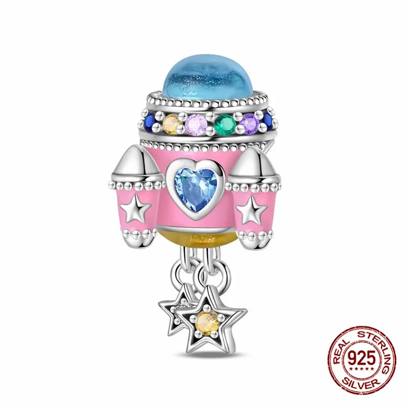 

925 Sterling Silver Pink Rocket Pendant Bead, Set with Zircon, Paired with an Original Bracelet, DIY Women's Jewelry Gift