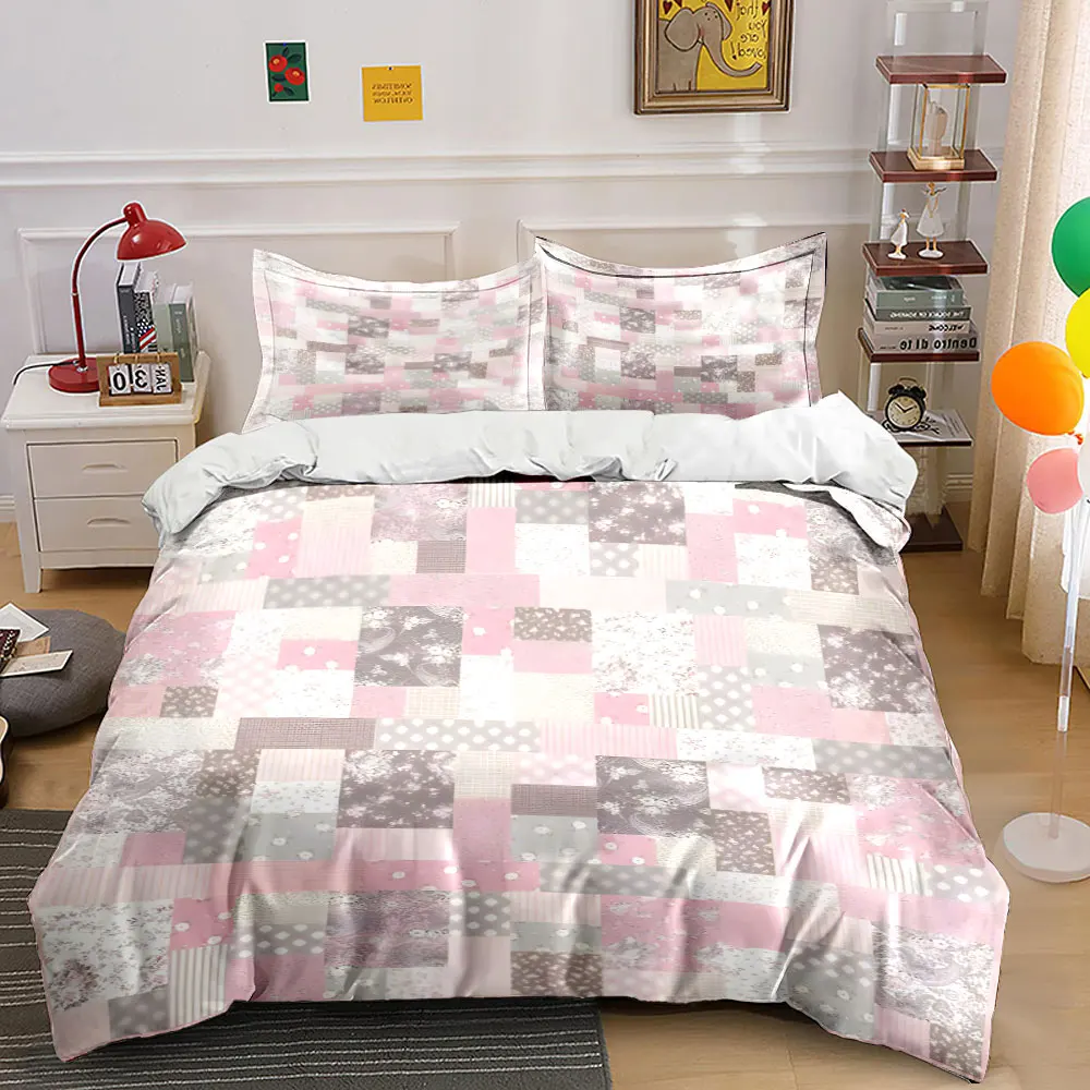 Pink Grey Patchwork Floral Polka Dot Plaid Bedding Set 3pcs,Soft Skin-Friendly Bedding Set Includes 1 Duvet Cover + 2 Pillowcase