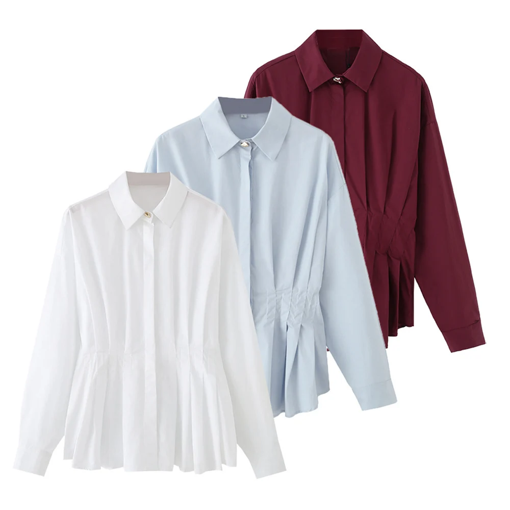 

Autumn and winter new women's clothing style slimming solid color lapel long sleeved pleated waist design shirt top