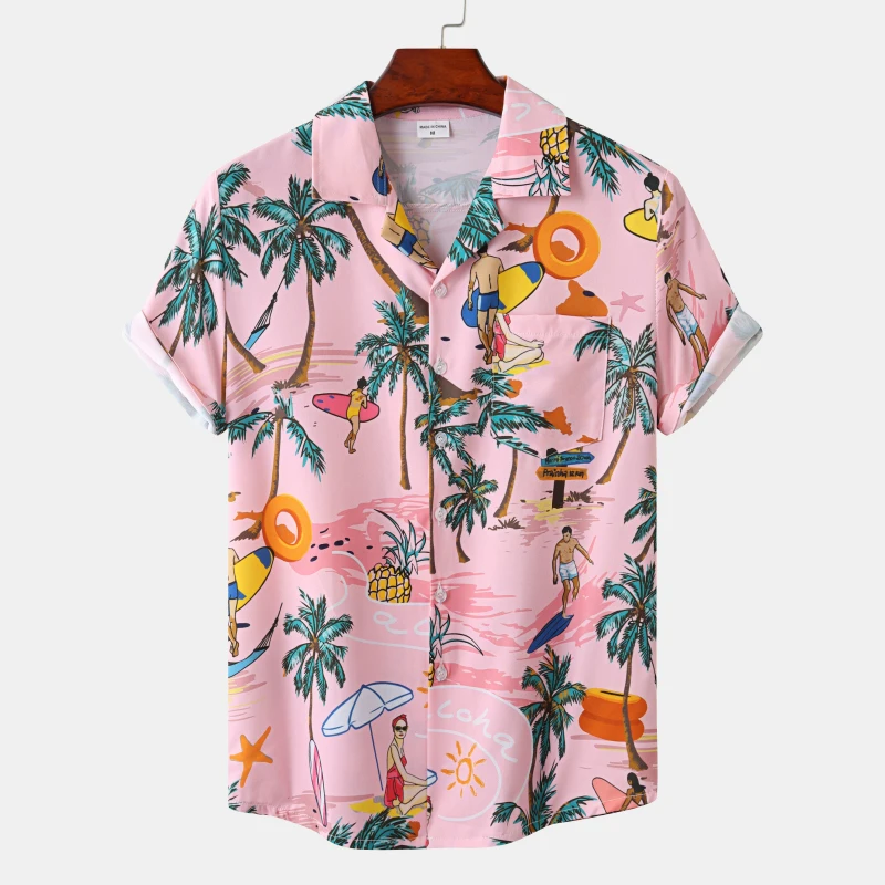 

Hawaiian Men's Shirt Beach Coconut Tree Print Short Sleeve Men's Clothes Fashion Lapel Button Top T-shirt 2023 New Shirt For Men