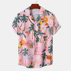 Hawaiian Men's Shirt Beach Coconut Tree Print Short Sleeve Men's Clothes Fashion Lapel Button Top T-shirt 2023 New Shirt For Men