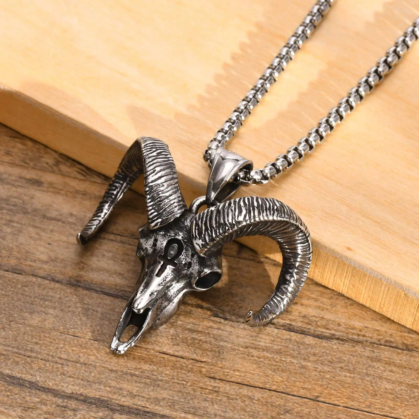 Vnox Vintage Men Necklaces, Bold Chunky Satan Goat Pendant with Box Chain, Stainless Steel Lucifer Monster Evil Goat Anka Collar