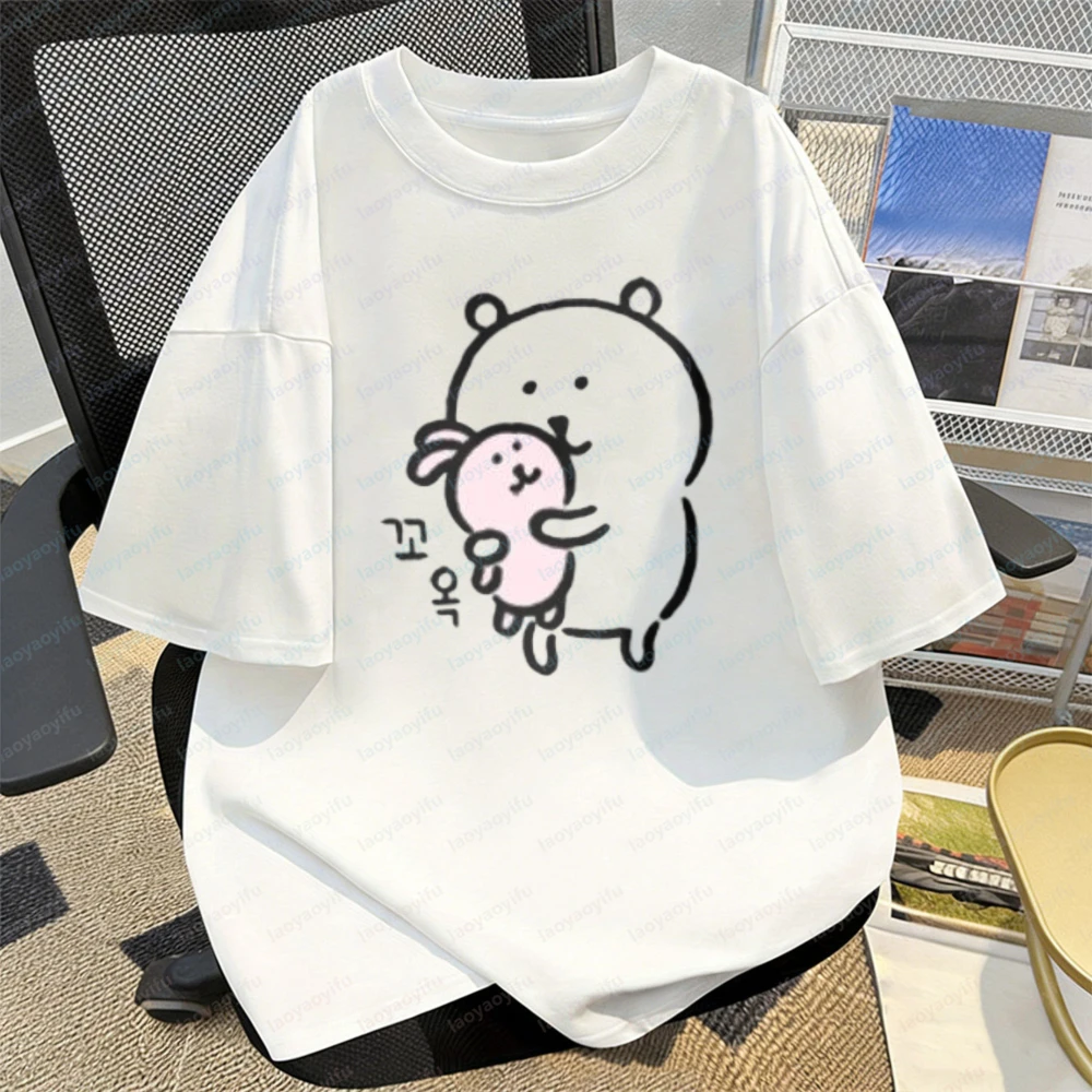 Joke Bear Bunny Hugging Cute Print Cotton Tshirts Unique Kawaii Rainbow Girl Summer Casual Harajuku Y2k Trend Clothes for Women