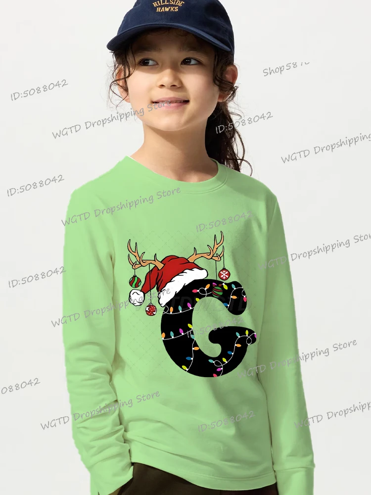 

Fashion Christmas Alphabet Graphic T Shirt Girls Boys Fun Long Sleeve Cotton T-shirts Spring Autumn Merry Christmas Tees Shirts