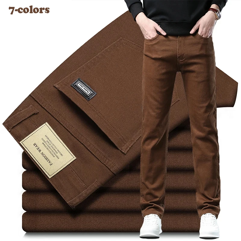 

Цветные мужские джинсы, весенние эластичные хлопковые тонкие прямые джинсовые брюки, корейские повседневные мягкие удобные уличные брюки в кофейном стиле