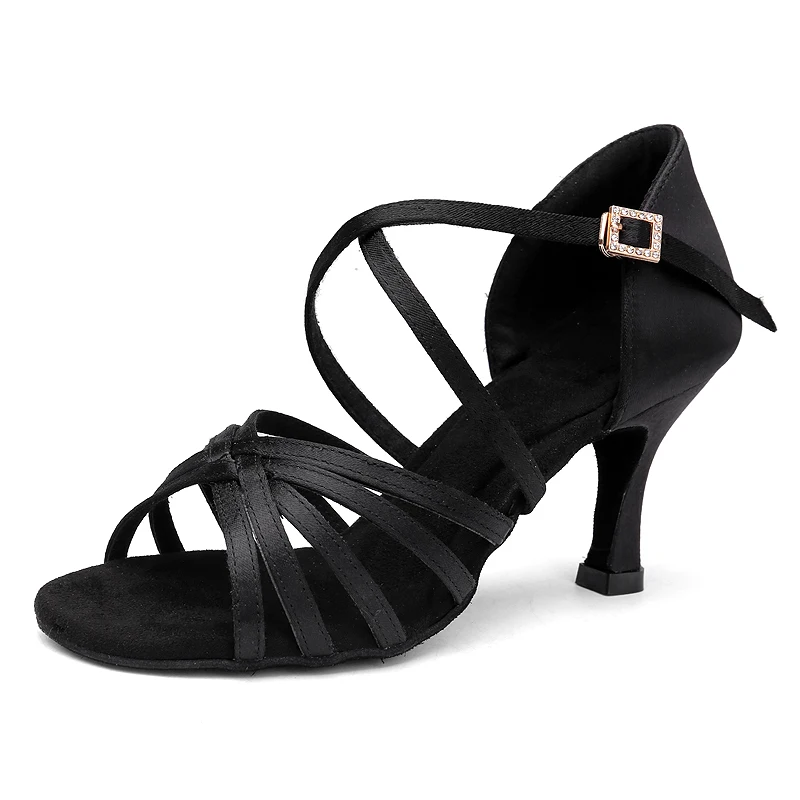 New Satin Women Latin Dance Shoes 5/7cm Heel Rhinestone Buckle Competition Salsa Tango Dance Sandals