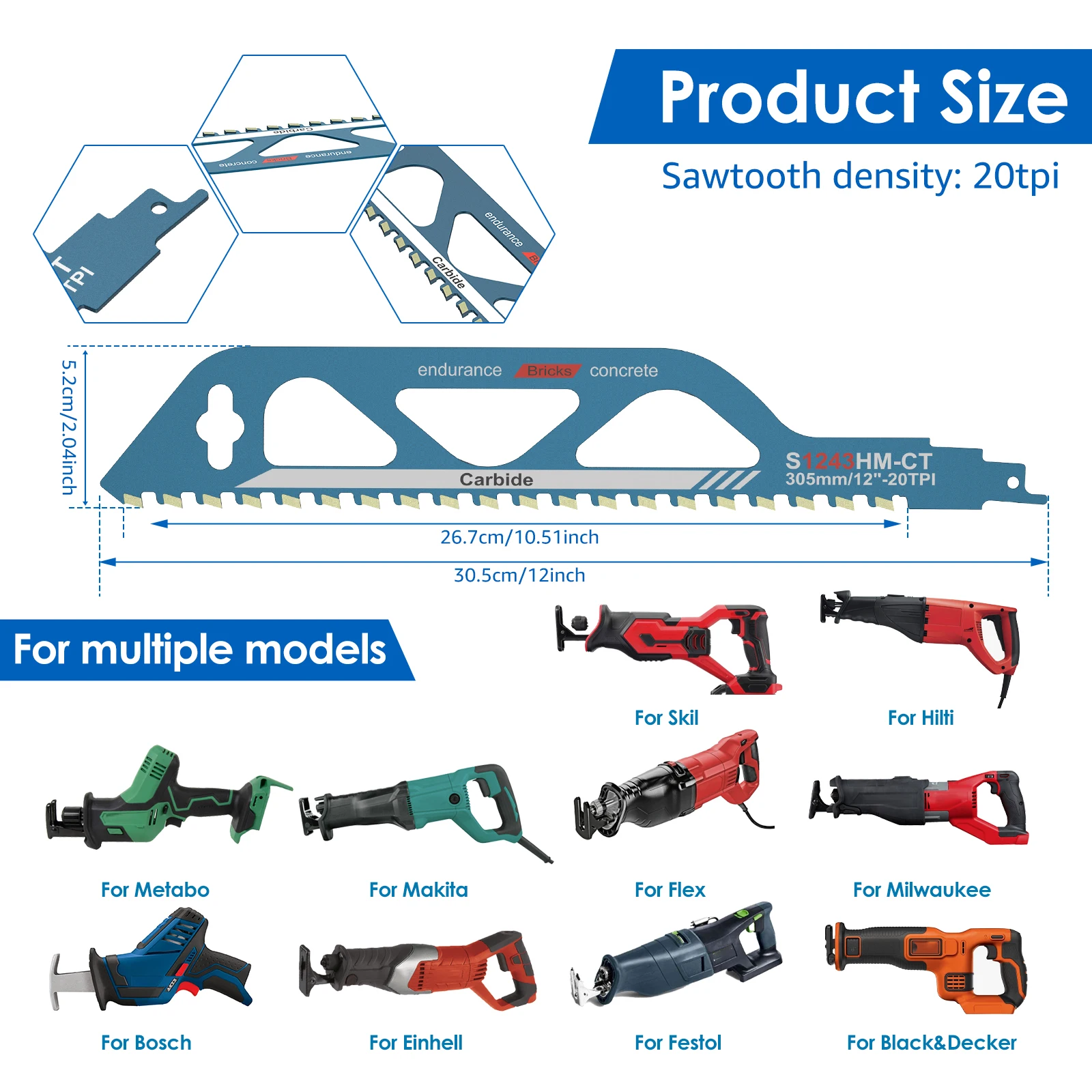 Reciprocating Saw Blade 10/12/18/20in Universal Cutting Recip Sabre Saw Blade Masonry Cutting Blade for Cement Composite Panels