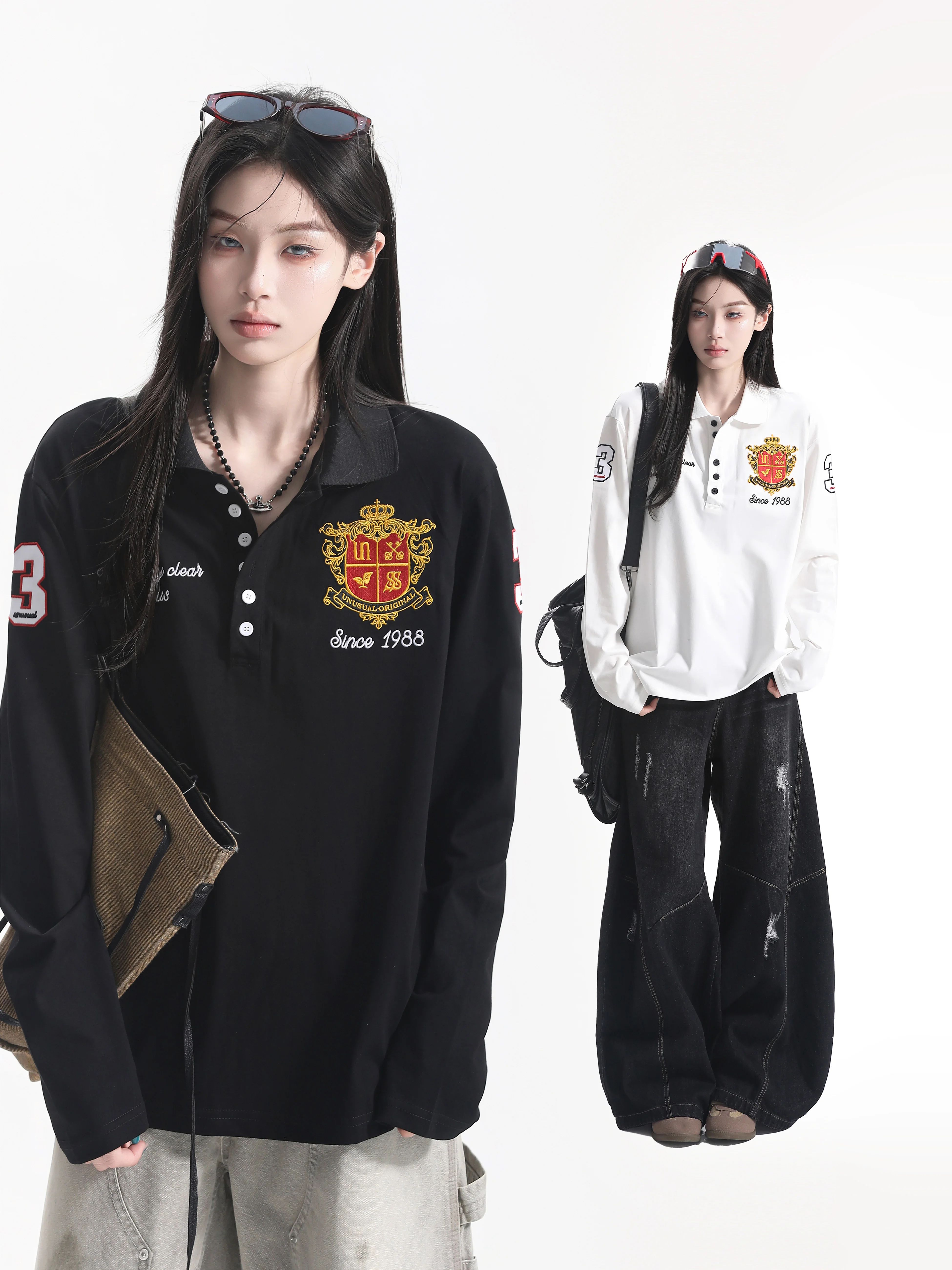American Style Long Sleeve Embroidered Badge  Shirt Couple Shoulder T-Shirt Casual Loose Fit Breathable Cotton Autumn Wear