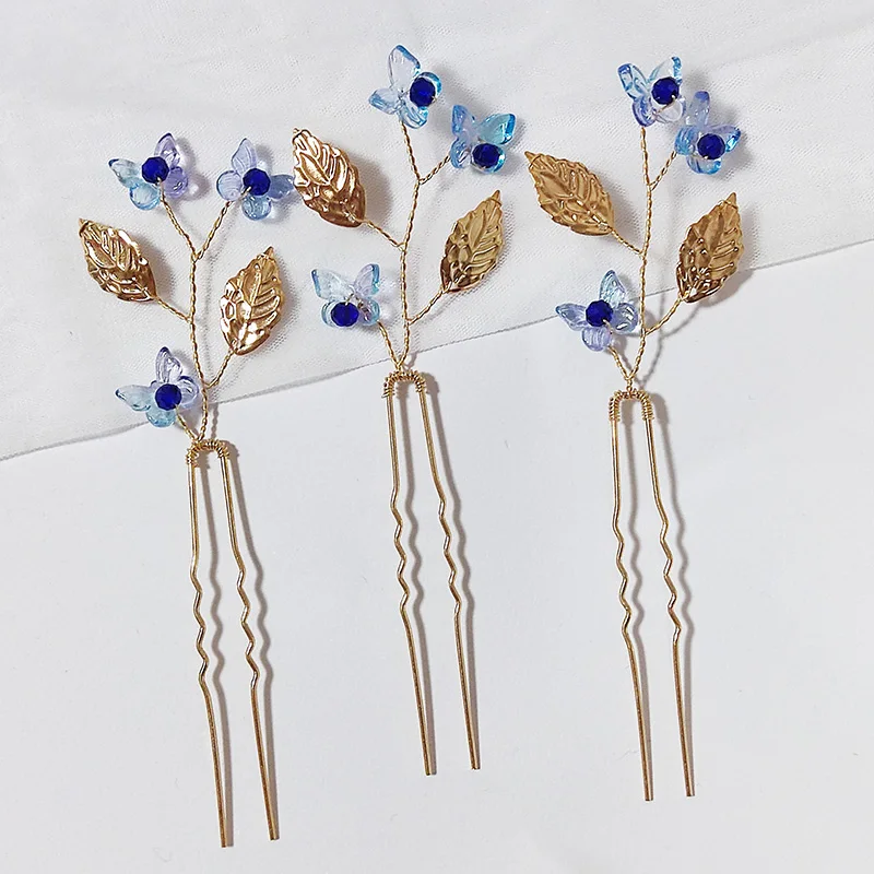 3 قطعة اللون الأزرق الأزهار فراشة دبابيس الشعر الزفاف مقاطع الذهب اللون اللؤلؤ الزفاف خصلات شعر النساء الملحقات اليدوية