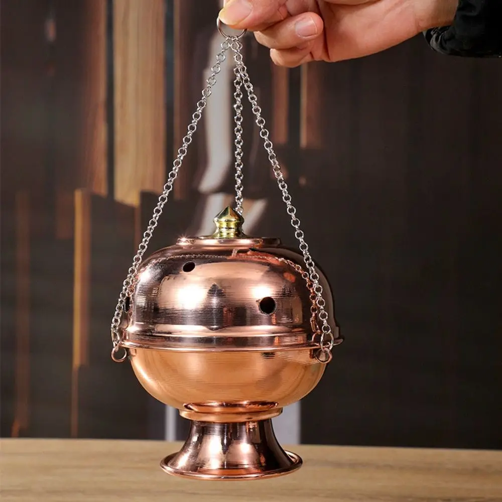 Engraved Hanging Incense Burner Antique Perforated Lid Decorative Censer Hanging Chain Polished Finish Aromatherapy Stove