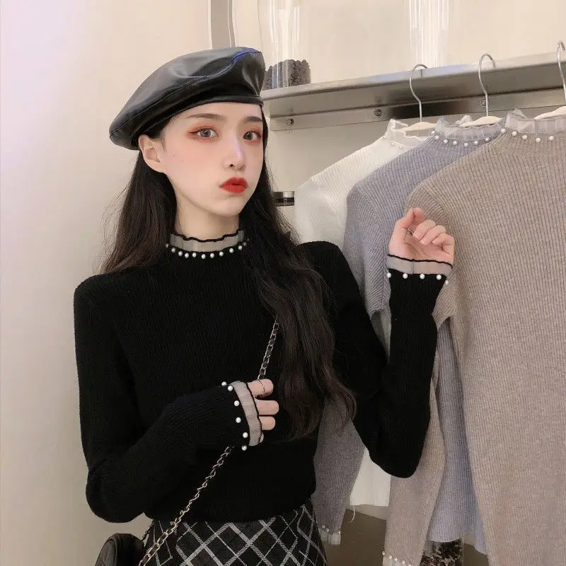 Black Lace Knitted Long Sleeve Sweater Women's Half High Collar Poncho Style Pure Color Coolmax Fiber Design Sensation New Model